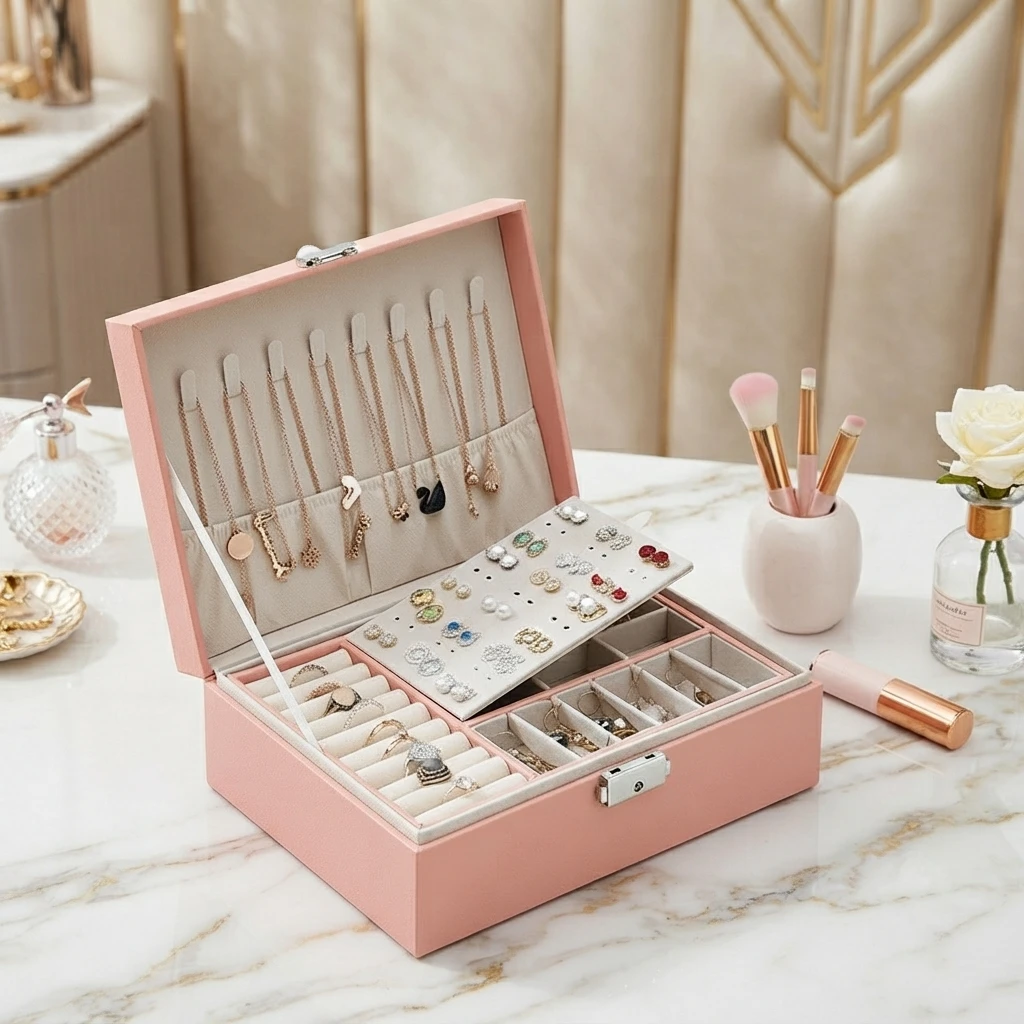 Double-layer Jewelry Box Organizer Earring Ring Necklace Jewlery Display Storage Case with Lock for Jewelry Boxes and Packaging