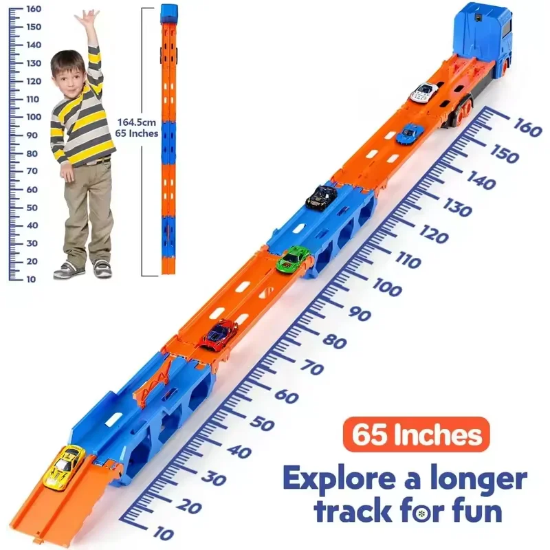 لعبة شاحنة النقل مقاس 65 بوصة قابلة للطي حامل سيارة للأطفال الصغار للأولاد والبنات 9 في 1 مسار سباق وشاحنة مصبوبة سيارة سباق هدية
