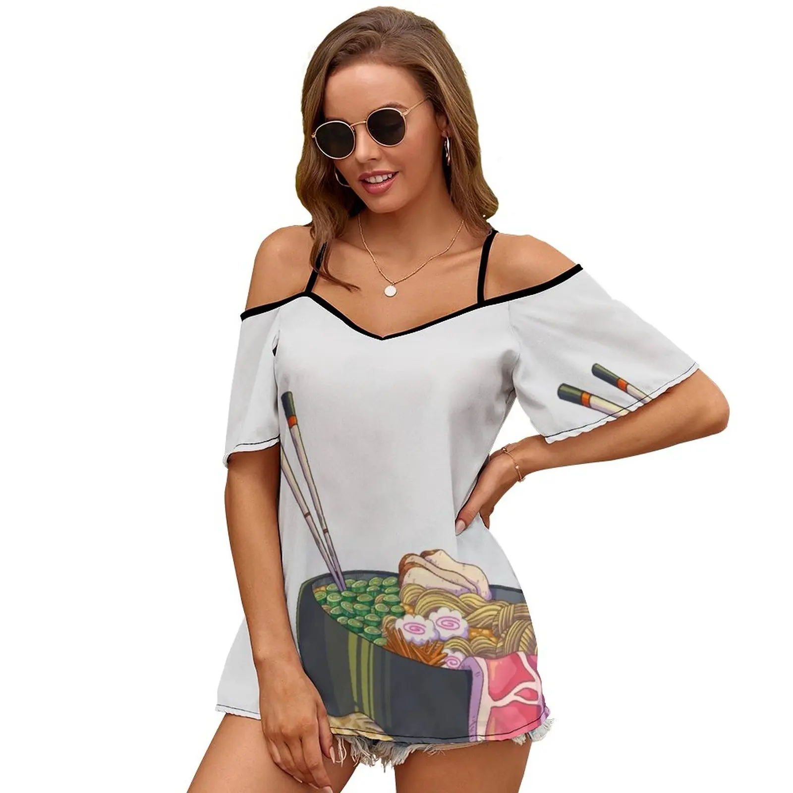 Ramen Tortoise Print O-Neck Off-The-Shoulder Top Short-Sleeved T-Shirt Ladies Streetwear Ramen Noodle Ramenbowl Tortoise Turtle