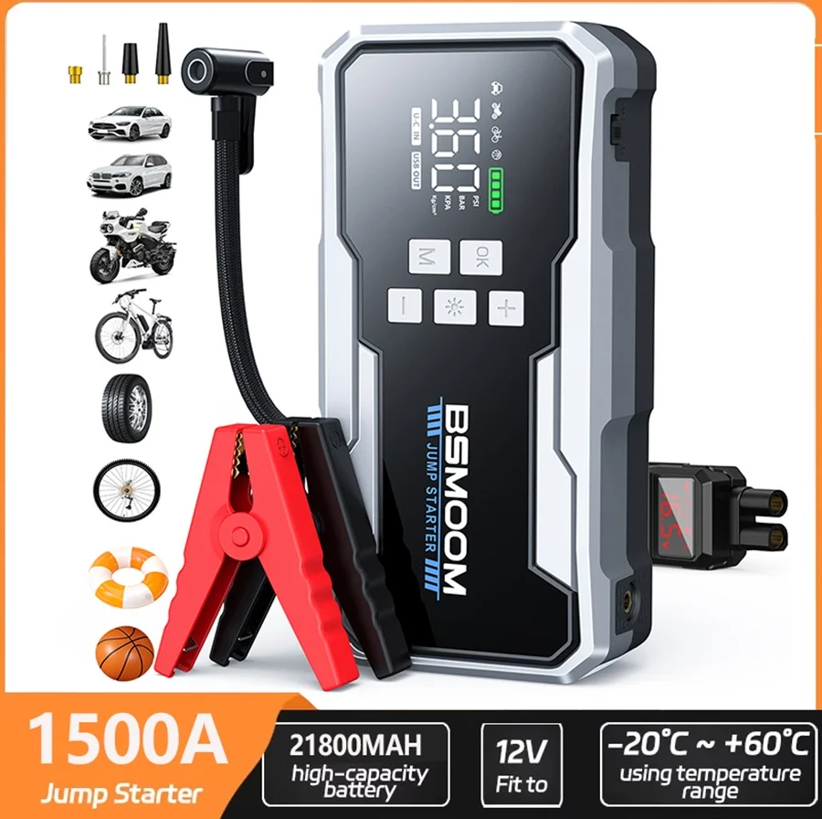 1500A PEAK 21800mAh Starthilfegerät mit Luftkompressor für ALLE Benzin-/10L-Diesel-Fahrzeuge, Tragbares Auto-Starthilfepaket mit 150PSI Auto-Off-Reifenfüller-Luftpumpe, 12V Auto-Starthilfegerät mit