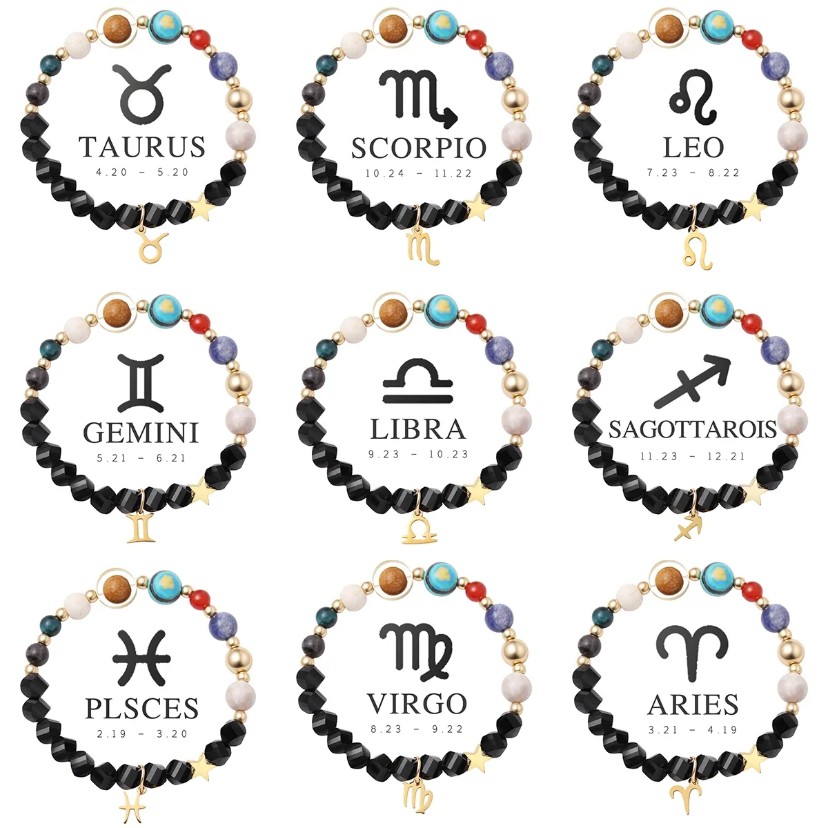 

Eight Planets & Twelve Zodiac Signs Bracelet Natural Obsidian Birthday Gift & Lucky Bracelet Libra Taurus Leo Factory Wholesale
