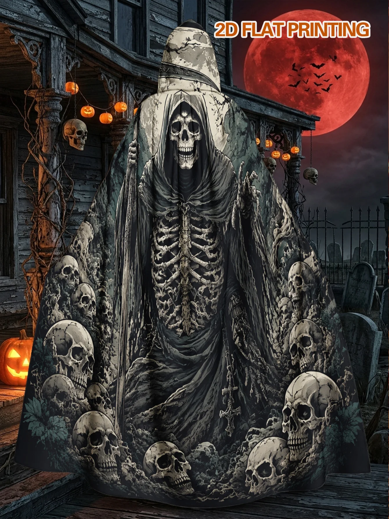 Customization 1pc Gothic Reaper Robe With Full Moon Hooded Cape - Soft Stretchable Polyester Hooded Costume Suitable For Hallowe