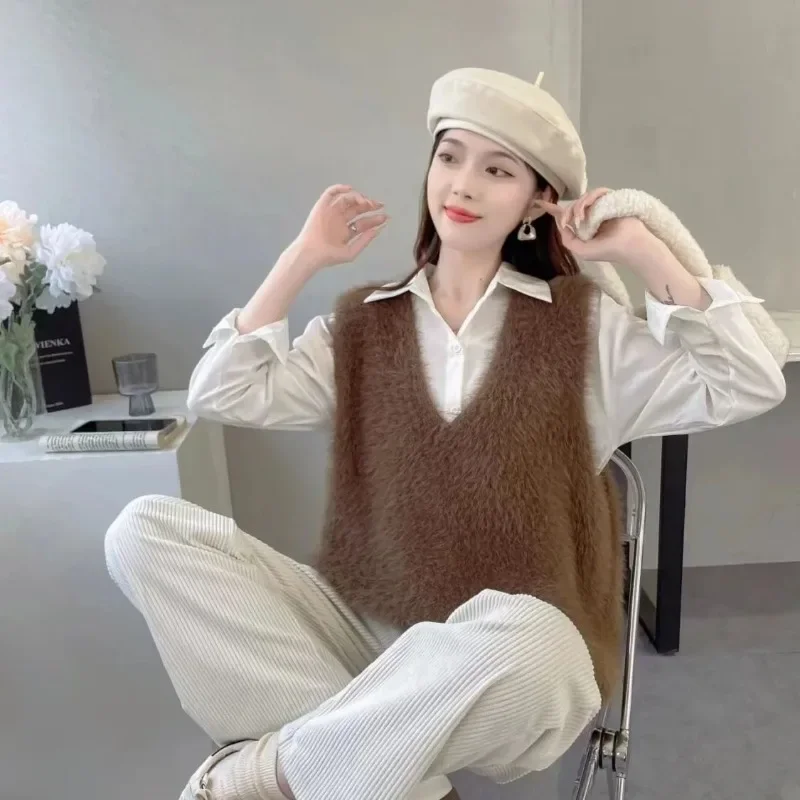 

Корейский непринужденный однотонный вязаный жилет из искусственной норки с v-образным вырезом, короткий жилет во французском стиле, осень-зима, термоосновной слой, носимый на улице, свободный крой