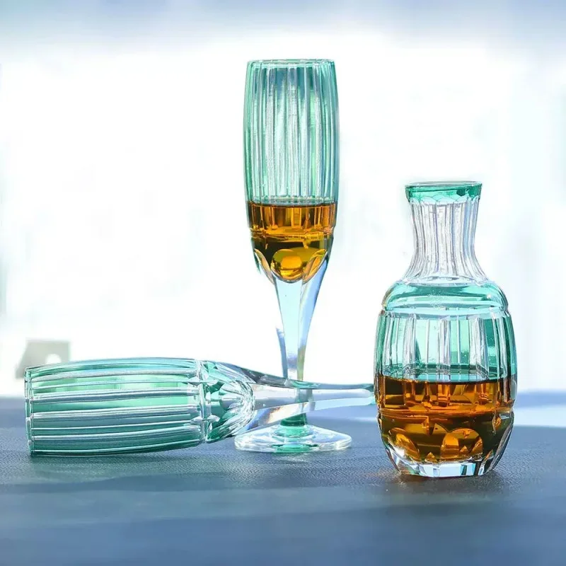 Modern Sage Green Crystal Wine Glass Hand Cut Stemware With Geometric Pattern Bamboo Cuisine Whiskey Goblet Champagne Flute Cup