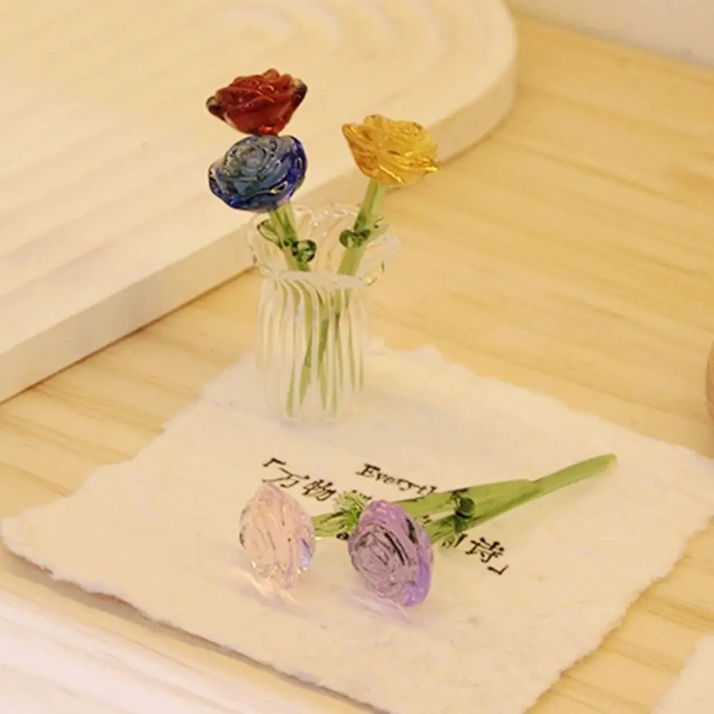 Mini Glass Flower Decor Colored Glaze Simulation Floral Handcrafted Floral Sculpture Glass Flower Bouquet Home Room Decoration