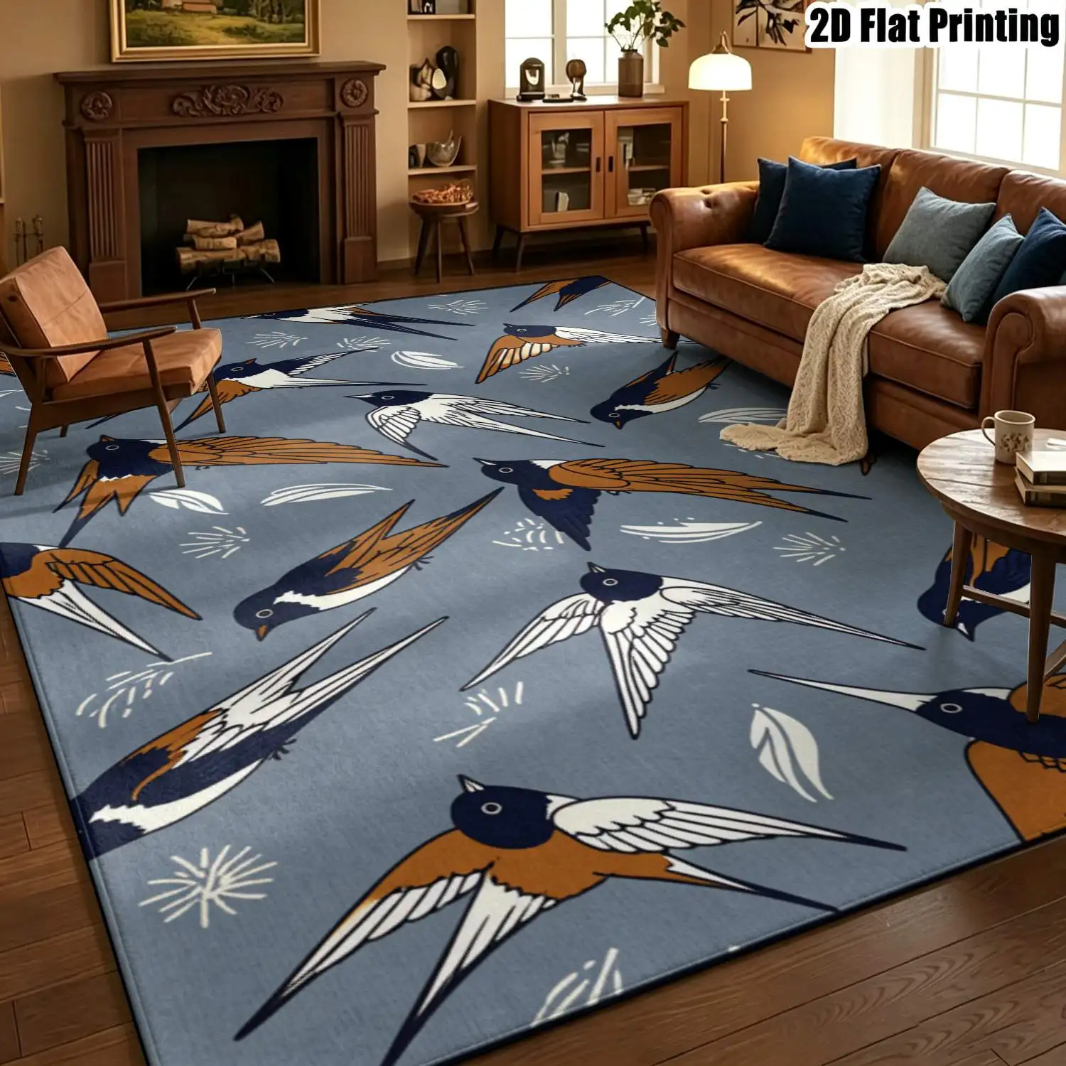 1Pc 2D Printed Nordic Carpet, Gray Background with Flying Swallow Pattern, Machine Washable, Multi-Size, Ideal for Home Decor & Various Spaces