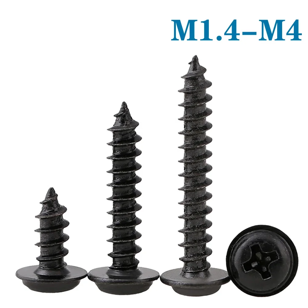 

50-200Pcs M1.4 M1.7 M2 M2.3 M2.6 M3 M4 PWA Cross Round Head with Washer Self Tapping Screw Black Carbon Steel Phillips Screw