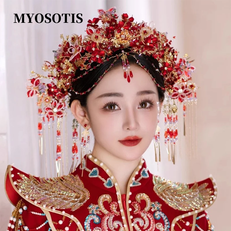 

Magnificent Red Flower Phoenix Crown Bridal Eyebrow Heart Pendant Chinese Empress Hanfu Wedding Crown Step Shake Hair Accessor