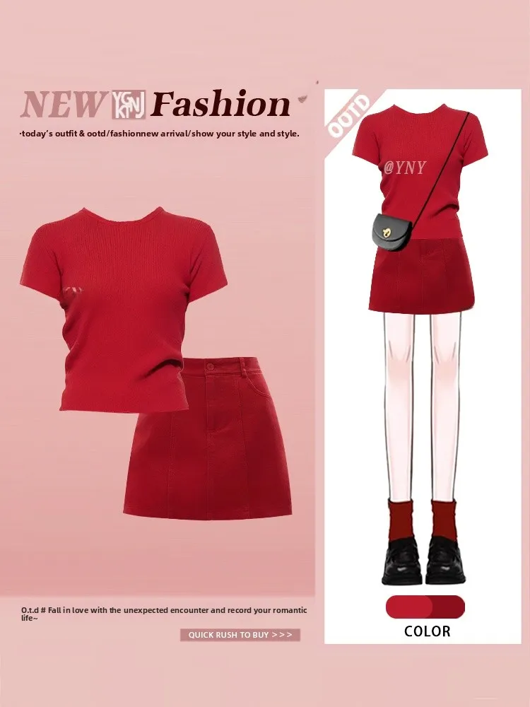 

Красный летний модный комплект, круглый костюм Ne ort Sve Slim Fit Top и юбка с запахом, костюм из двух предметов для молодых женщин