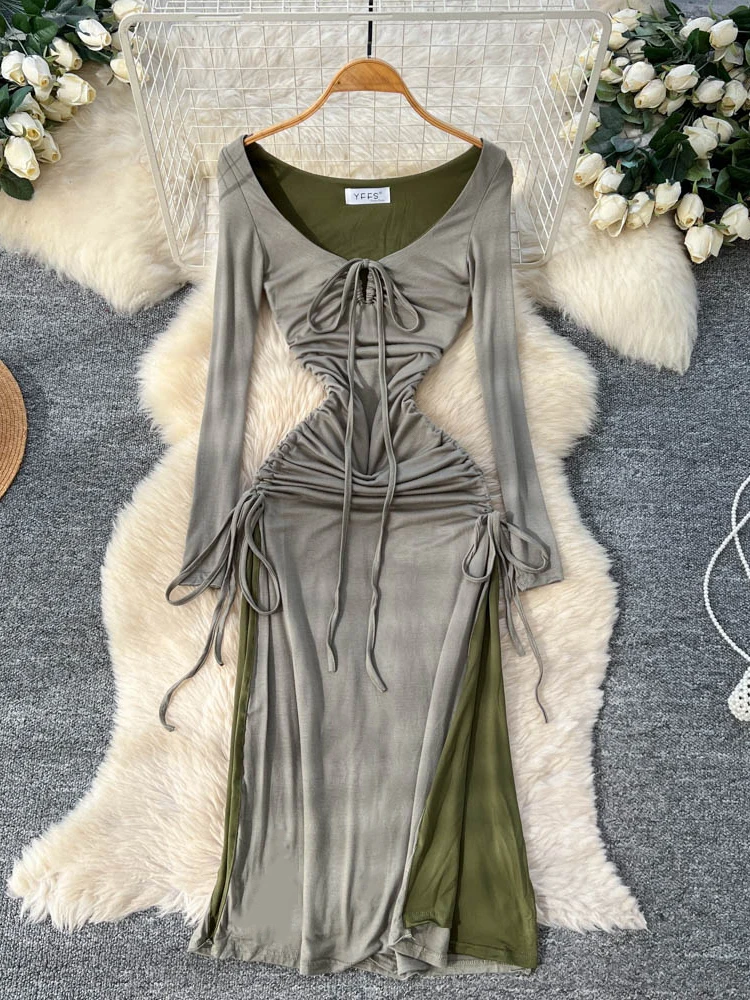 Coreano sle plissado longo sve feminino dr dstring cor blo emagrecimento a linha maxi saia commute faion fibra de poliéster