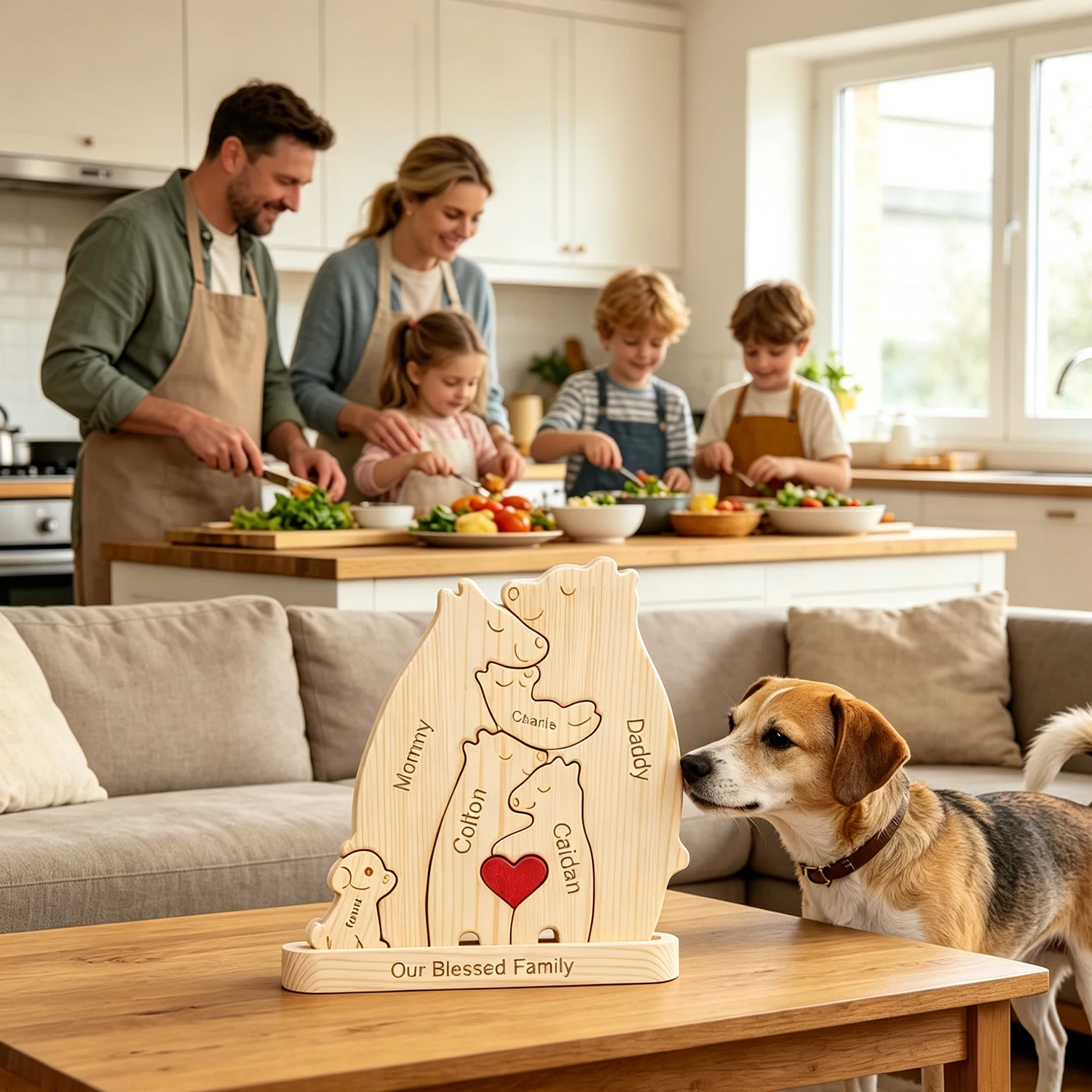 Customizable Wooden Bears Family Puzzle with Dog Clearance Kids Nursery Gift Baby Shower Birthday Mother's Day Pets Lover Family