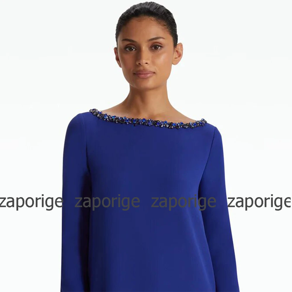 

Customized Navy Blue Women's Evening Gowns Jersey Rhinestone Bespoke Occasion Gown Straight O-Neck Long Dresses