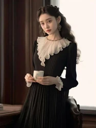New French Vintage Velvet Celebrity Long Dress Luxury Ruffle Patchwork Long Sleeve Slim Party Vestidos Robe Clothing