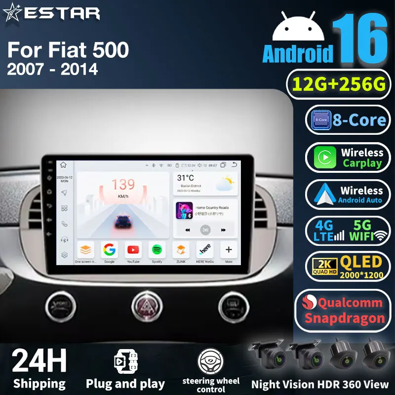 Android 16 For FIAT 500 Abarth 2007-2015 Car Radio Stereo GPS Navigation Steering Wheel Multimedia Carplay Auto DVR WIFI BT ADAS