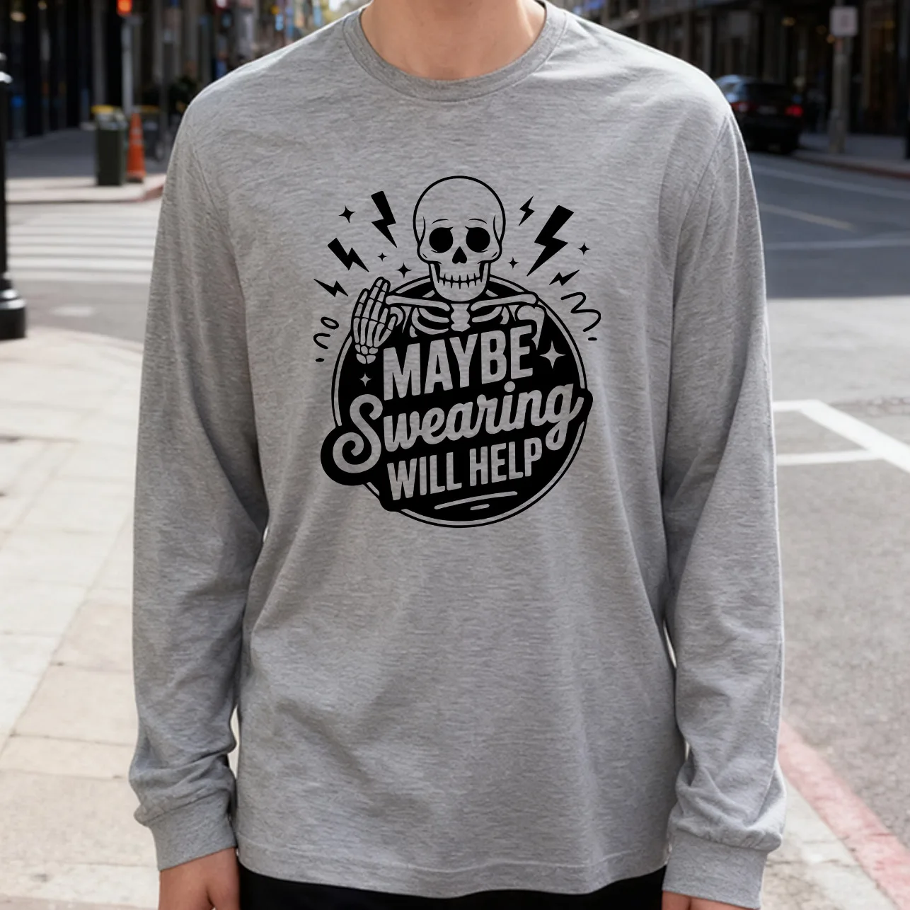 Maybe Swearing Will Help Men's Long Sleeve Tee 100% Cotton 180g Crew Neck Casual Daily Style Soft and Breathable
