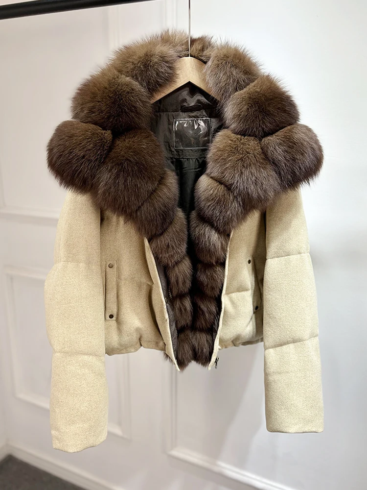 Janveny Luxury Winter 90% White Duck Down Wool Blends Jacket Women 2025 New Real Natural Fox Fur Thick Warm Puffer Down Coat