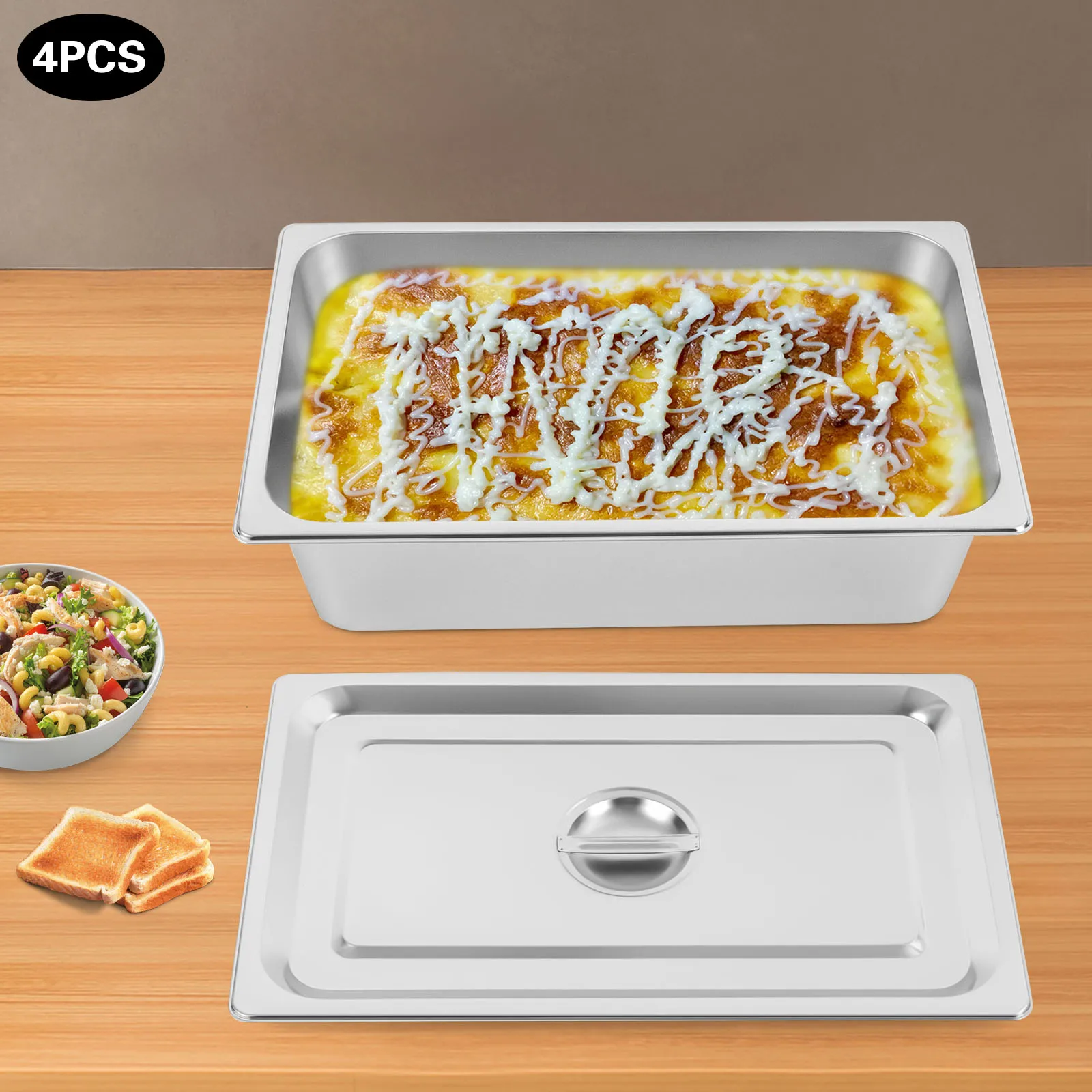 

4 Pcs Stainless Steel Commercial Food Pans, 15cm Deep Hotel Steam Table Pans with Lockable Dustproof Covers for Restaurants