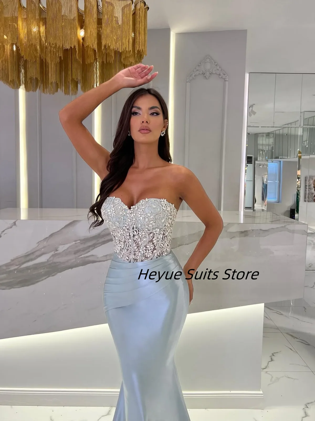 Customized Elegant SkyBlue Pleated Mermaid Evening Dresses Quinceanera Sexy Sweetheart Neckline Party Dress Gowns tidos de novia
