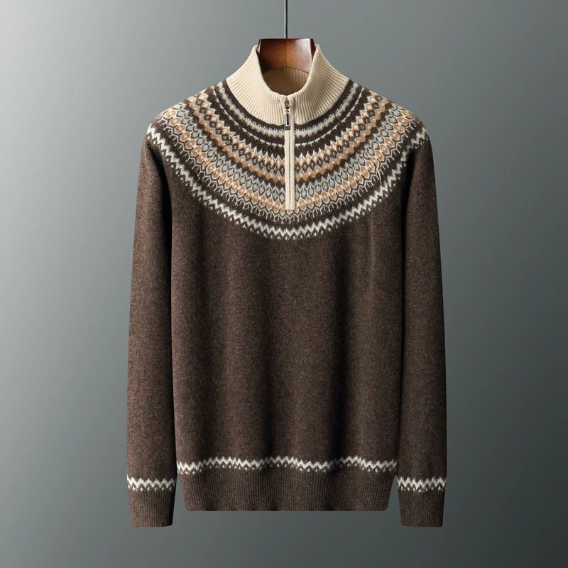 Autumn And Winter New 100% Pure Wool Men's Jacquard Semi-Zipper Pullover Loose Casual Knitting Bottoming Shirt