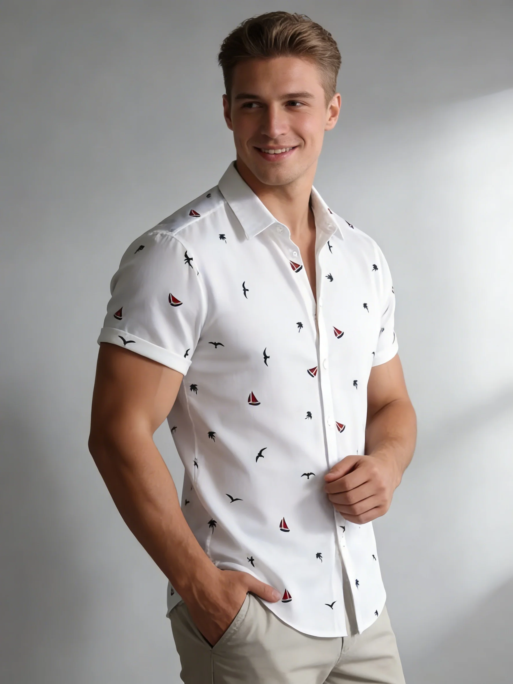 Men White Small Sailor Seagull Coconut Tree Print Casual Beach Short Sleeve Shirt