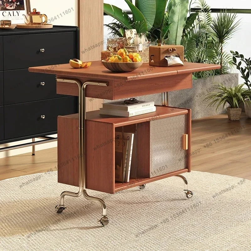 living room home retro coffee table Medieval solid wood removable storage cabinet corner storage trolley