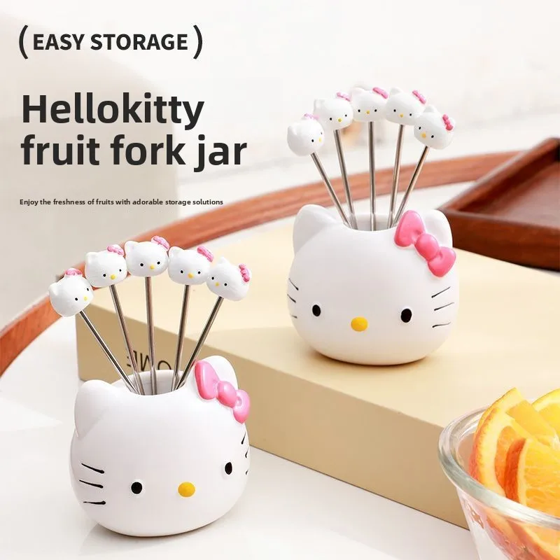 Creatieve schattige Hello Kitty fruitvorkset Roestvrijstalen kinderveiligheid fruitvork Desktop opslagpot ornamenten Vakantiecadeau