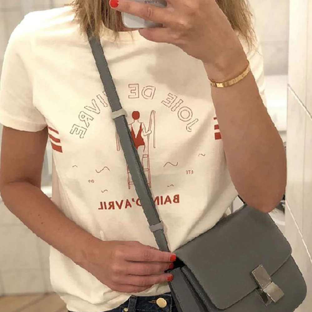 روان 5C149 السباحة فتاة رسالة الجرافيك طباعة المرأة تي شيرت الصيف قصيرة الأكمام سيدة البلوز الكلاسيكية عادية خمر فام #2