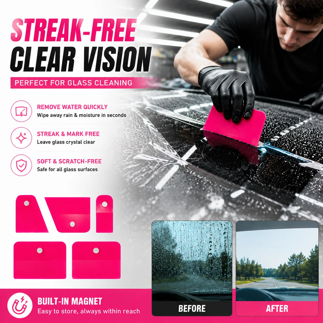 Magnetic Car Squeegee Set Water Removing Tool PPF Film Installation Tool Auto Glass Cleaner Vinyl Wrap Bubble Remover