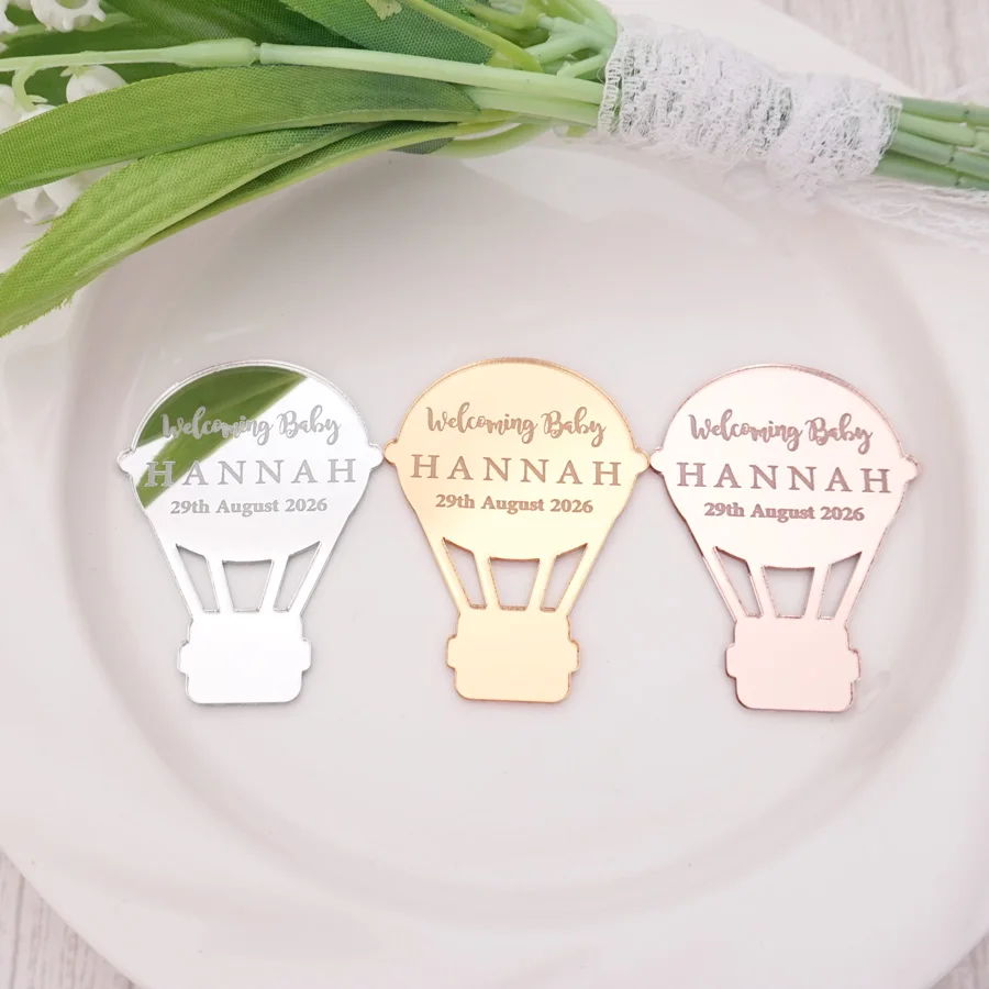 

Custom Lovely Hot Air Balloon Cut Out Decor Personalized Acrylic Mirror Welcoming Baby Tag Birthday Gift Guest Invitation Card