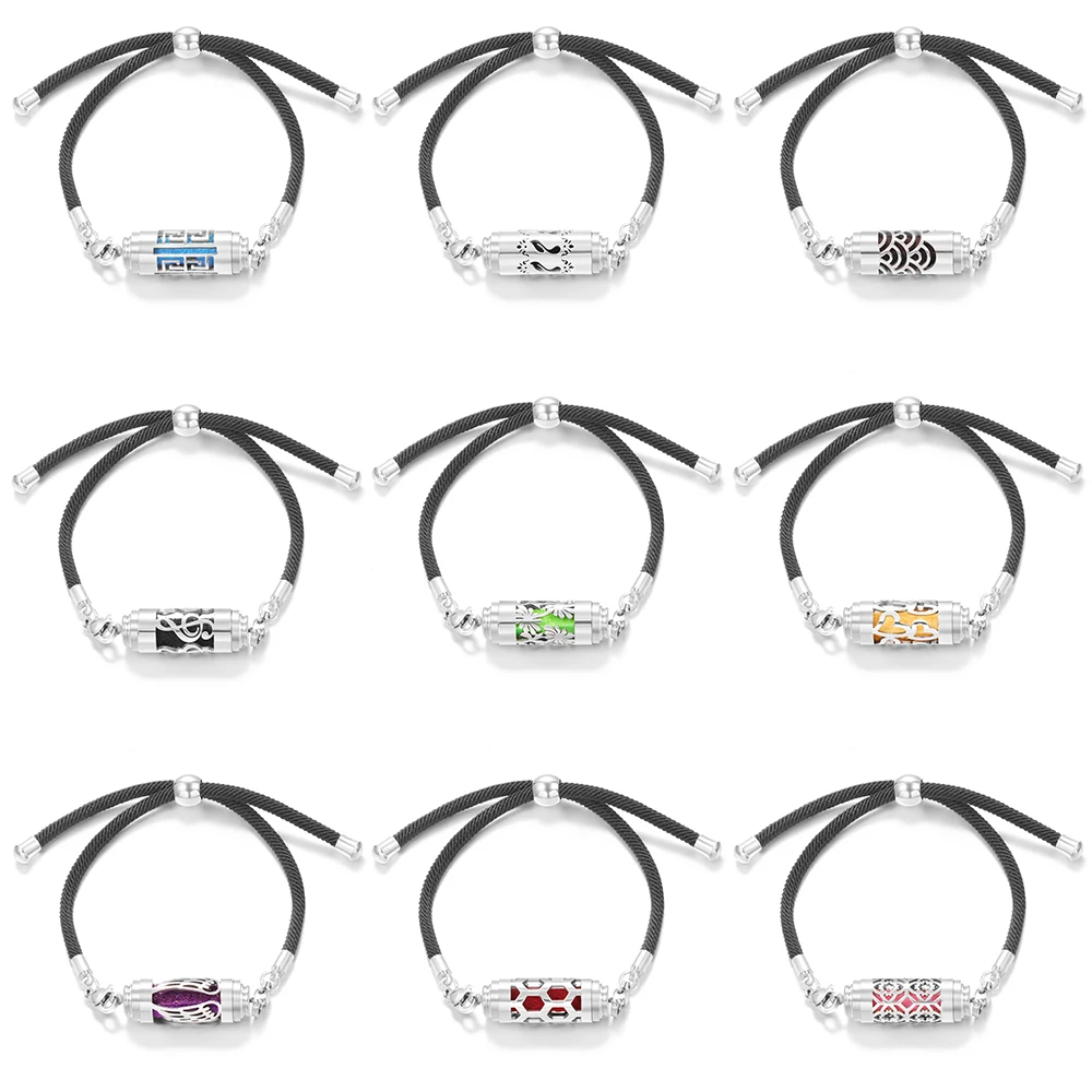 New Aromatherapy Hollow Diffuser Women Stainless Steel Essential Oil Fragrance Bangle Black Braided Rope Locket Bracelet Jewelry