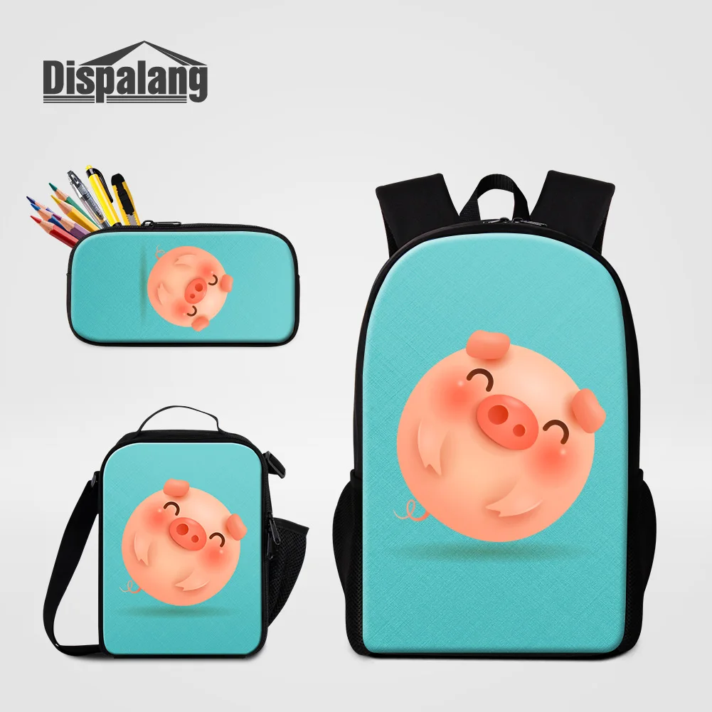 Dispalang Cartoon Piggy Pig Backpack For Girls 3 PCS Backpack Set With Pencil Case For School Food Lunchbox For Children Bookbag