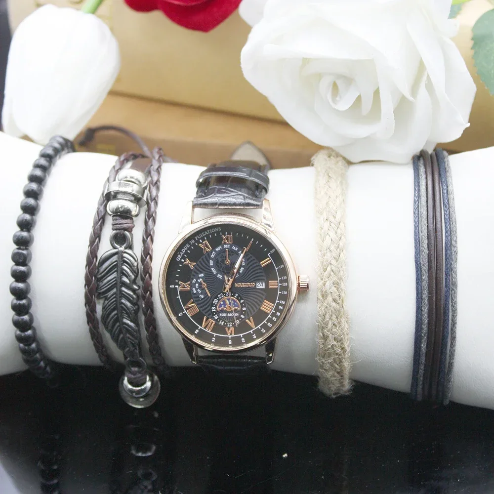 ชุดนาฬิกาหรูหราสำหรับผู้ชาย5ชิ้นประกอบด้วยกล่องสร้อยข้อมือหนังหน้าปัดใหญ่ป้องกันการกระแทกนาฬิกาควอทซ์สุดหรูของผู้ชายสำหรับงานเลี้ยงแฟนซี