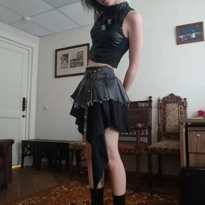 

Новая модная ретро-юбка для стильных девушек с высокой талией, А-силуэта, с декоративными вставками. ​ ​ Джинсовая плиссированная юбка для женщин, модный тренд весны и лета