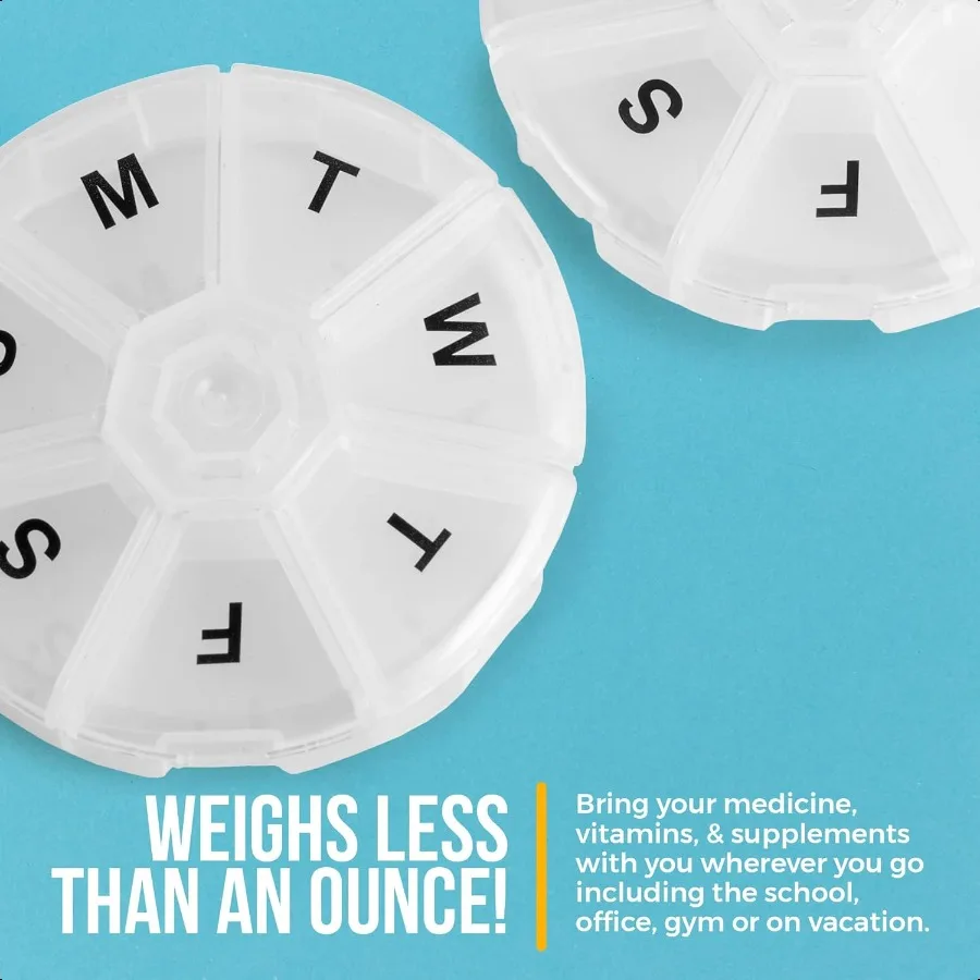 مجموعة منظم حبوب الدواء الأسبوعية مكونة من حاوية حبوب منع الحمل لمدة 7 أيام، صندوق منظم دواء دائري، علبة تذكير حبوب الأسبوع اليومي، صديقة للسفر