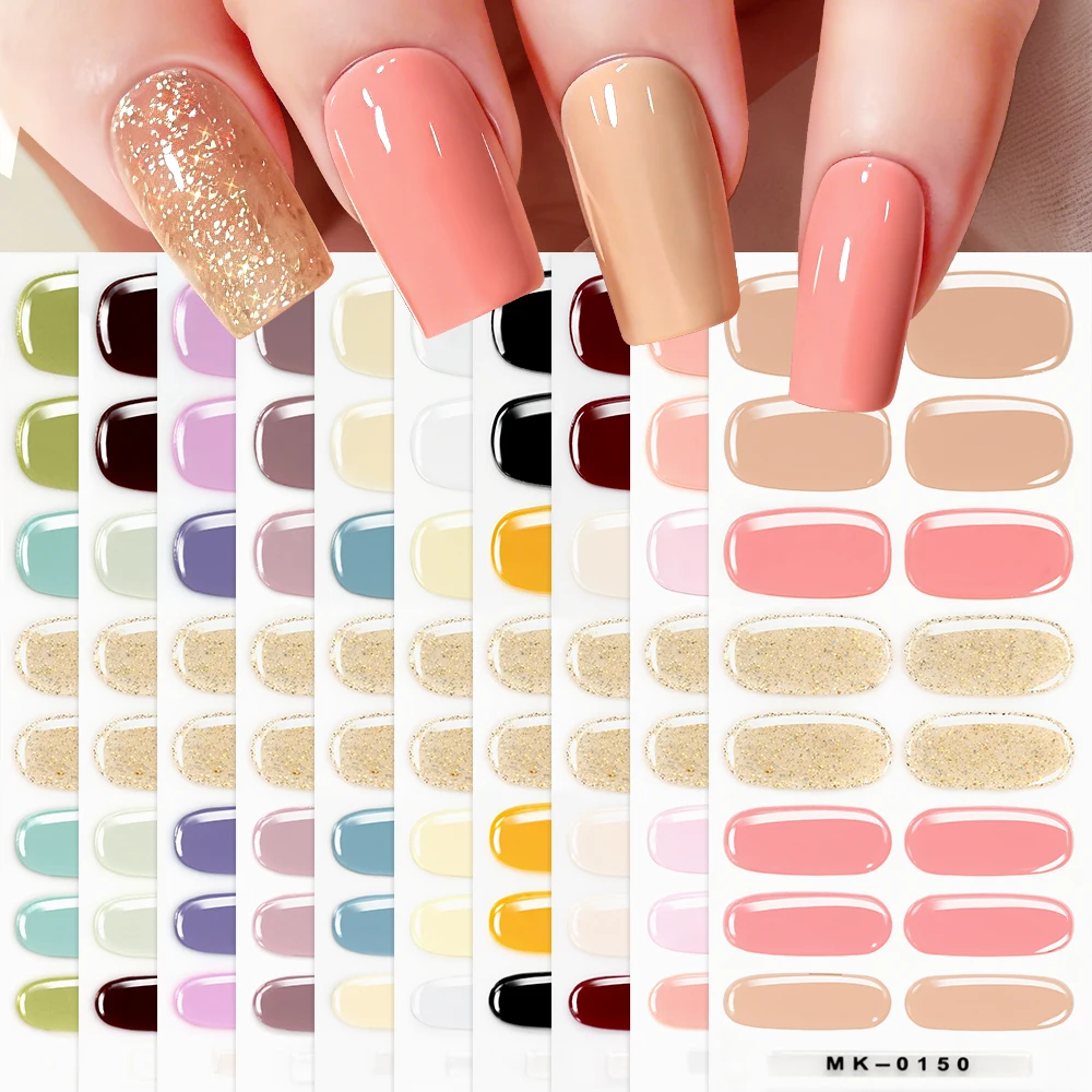 Free Bake Semi Cured Wraps Fast Gel Nail Sticker Solid Colors With Glitter Powder Nail Gel Adhesive Full Cover Gel Nail Decals