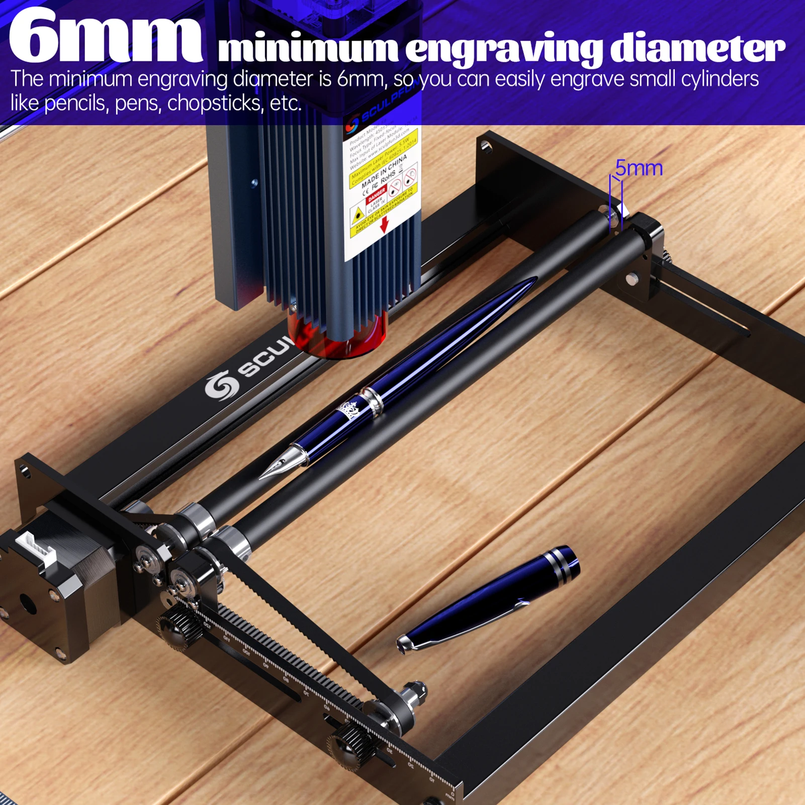 SCcorde PFUN-Graveur laser à distance, rouleau distant à axe Y, rotation à 360 ° pour un diamètre de gravure différent de 6 à 150mm