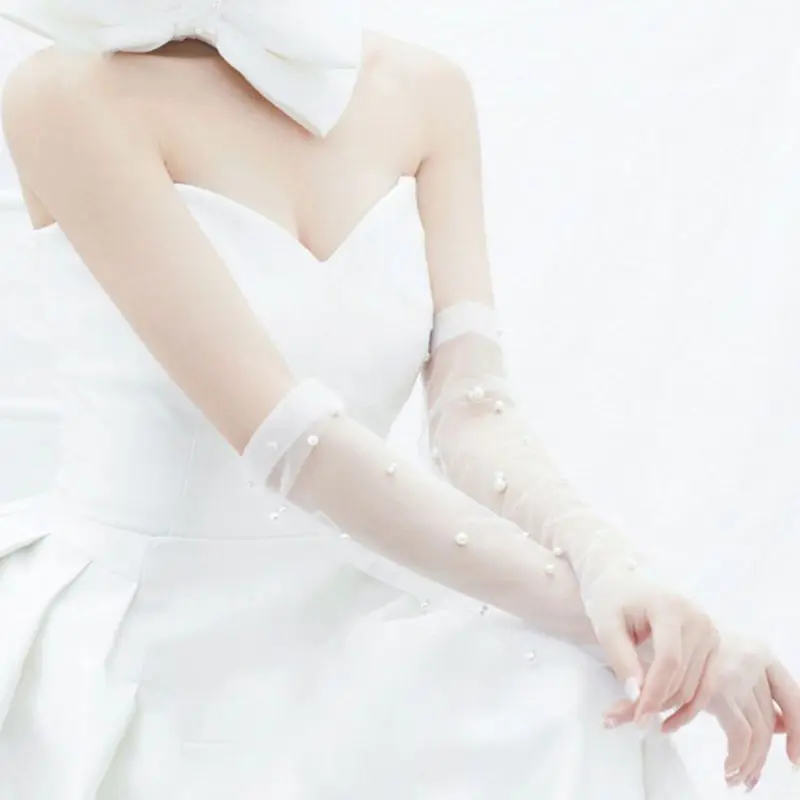 Mesh Fingerless Gloves Elegant Long Courtesy Summer Ruched Tulle Pearls Mittens for Women Girls Wedding Halloween Party