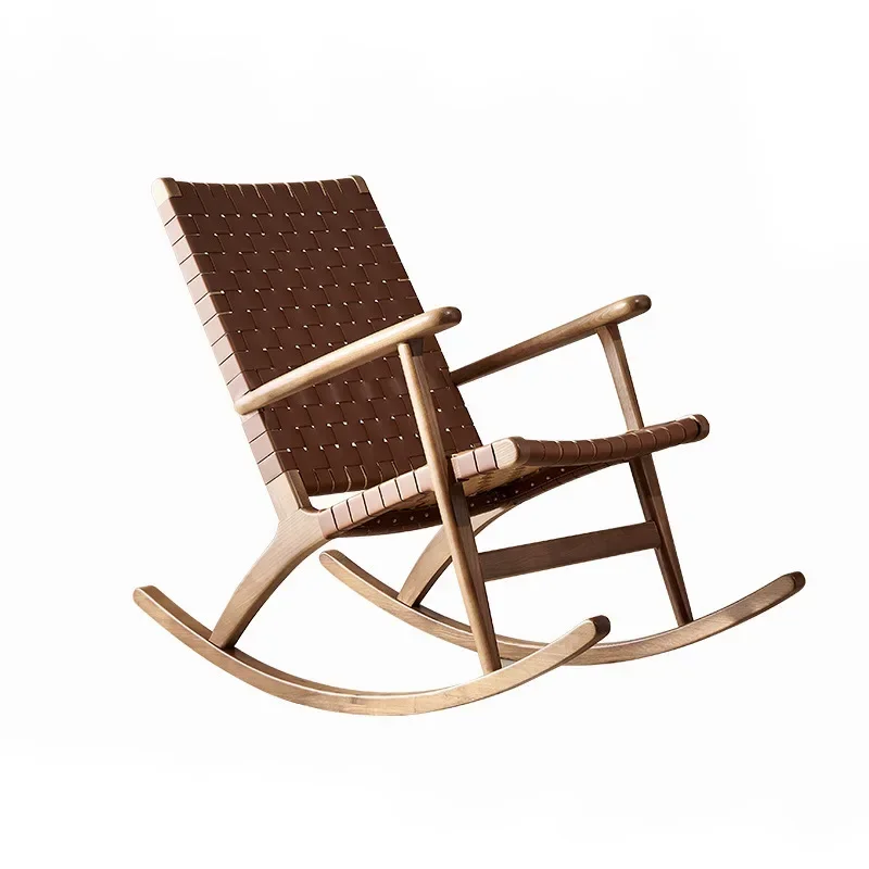 Vintage rocking chair reclining chair balcony home solid wood saddle leather woven leisure chair