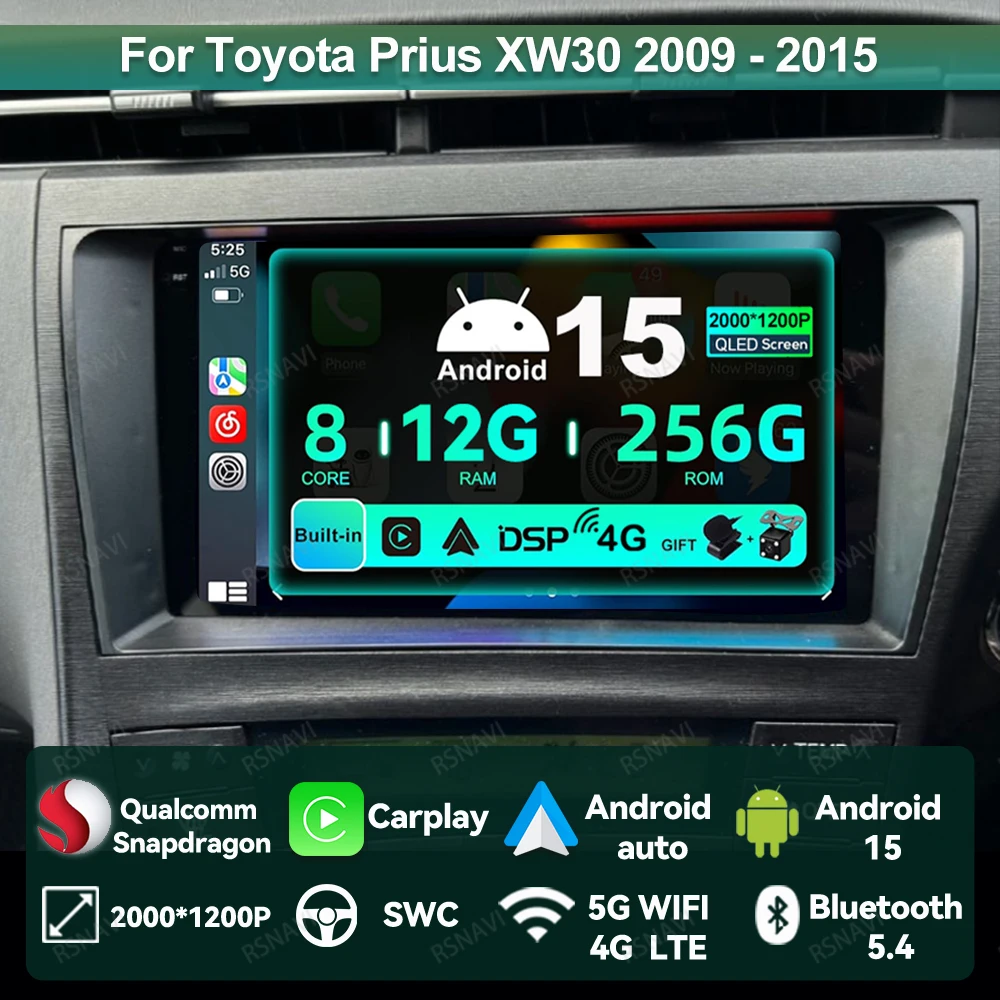 

Автомобильное радио Android 15 для Toyota Prius XW30 2009-2015 Навигация 5G WIFI 4G LTE Стерео Беспроводной Carplay Auto BT Мультимедийный DVD