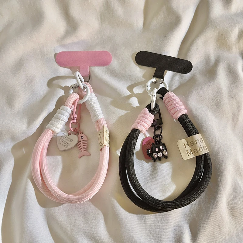 Trendy Cute Girly Charm - 3D Black Cat &amp; Pink Heart Nylon Lanyard, Portable Wristband for Phone Cases/Keychains