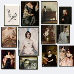 Vintage Woman Reading Scene Painting Gallery Bird Canvas Posters Antique Victorian Women Portrait Prints Country Wall Art Decor