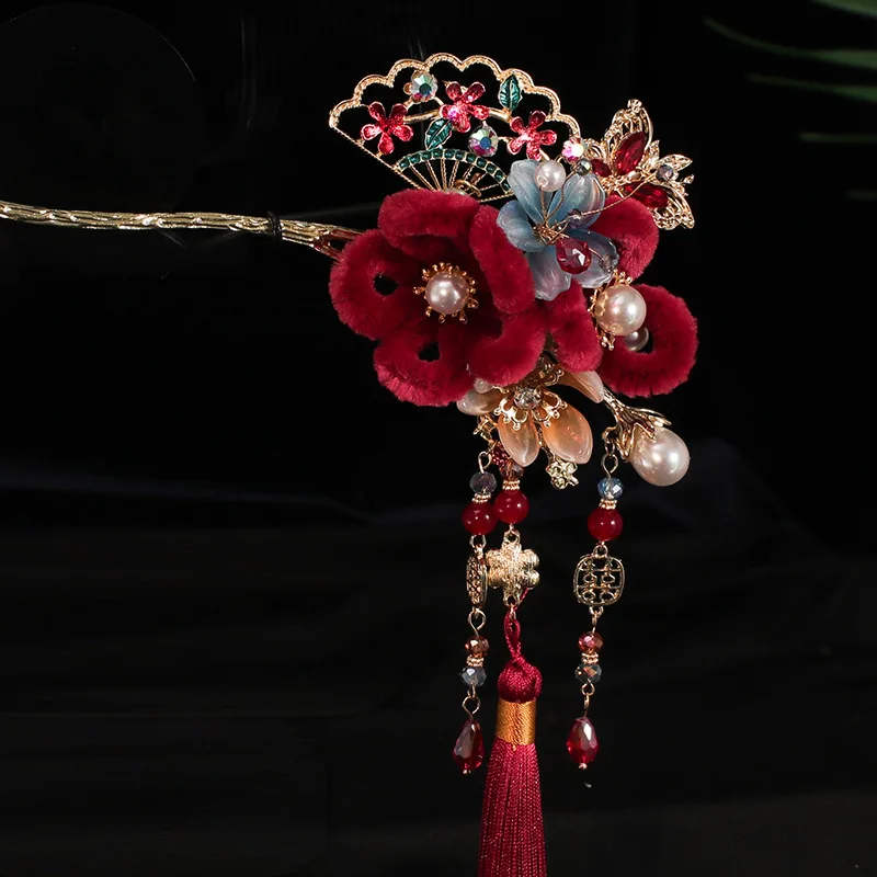신부 머리 장식 중국 스타일 Xiuhe 정장 술 머리 걸쇠 벨벳 꽃 클래식 Updo Cheongsam 의상 헤어 액세서리