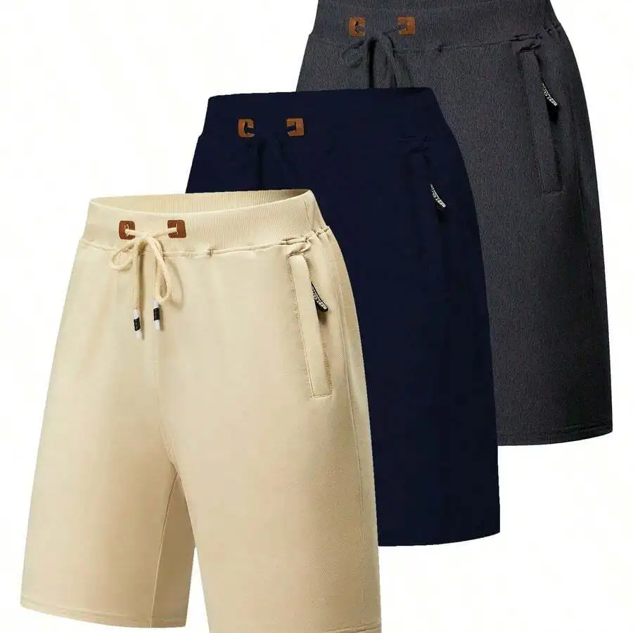 

Mens Casual Drawstring Elastic Waist Shorts With Zipper Pockets 3pcs