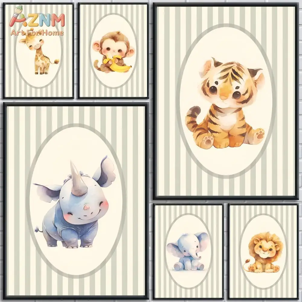 AZNM Watercolor Cute Safari Animal Canvas Print Giraffe Monkey Tiger Rhino Elephant Lion Striped Oval Frame Unframed Canvas Wall