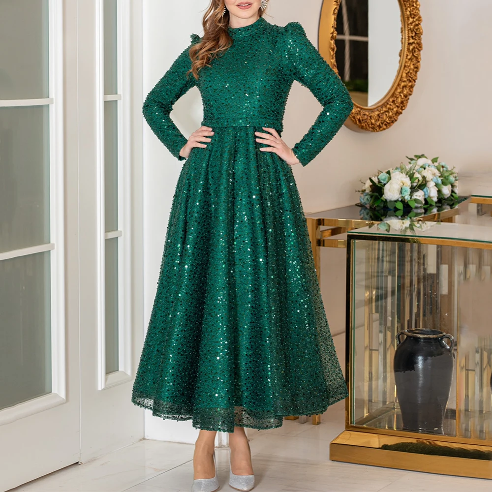 

Glitter Green Sequin Lace Prom Dress High Neck Long Sleeve with Belt A-Line Ankle Length Ladies Customized Gowns فساتين سهرة