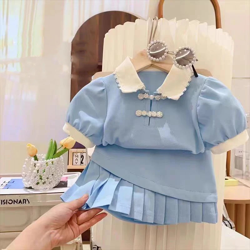 Spring/Summer New Girl's and Baby Girl Clothing Sets Academy Style Polo Shirt+Pleated Skirt 2Pcs Student School Uniform Suit