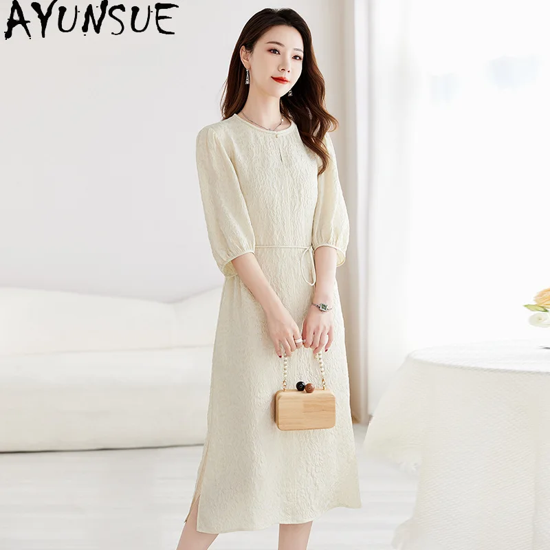 AYUNSUE 88.7% Mulberry Silk Dresses for Women 3D Jacquard Slimming Summer Dress Women High-end Women Dresses 2026 Платье Женское