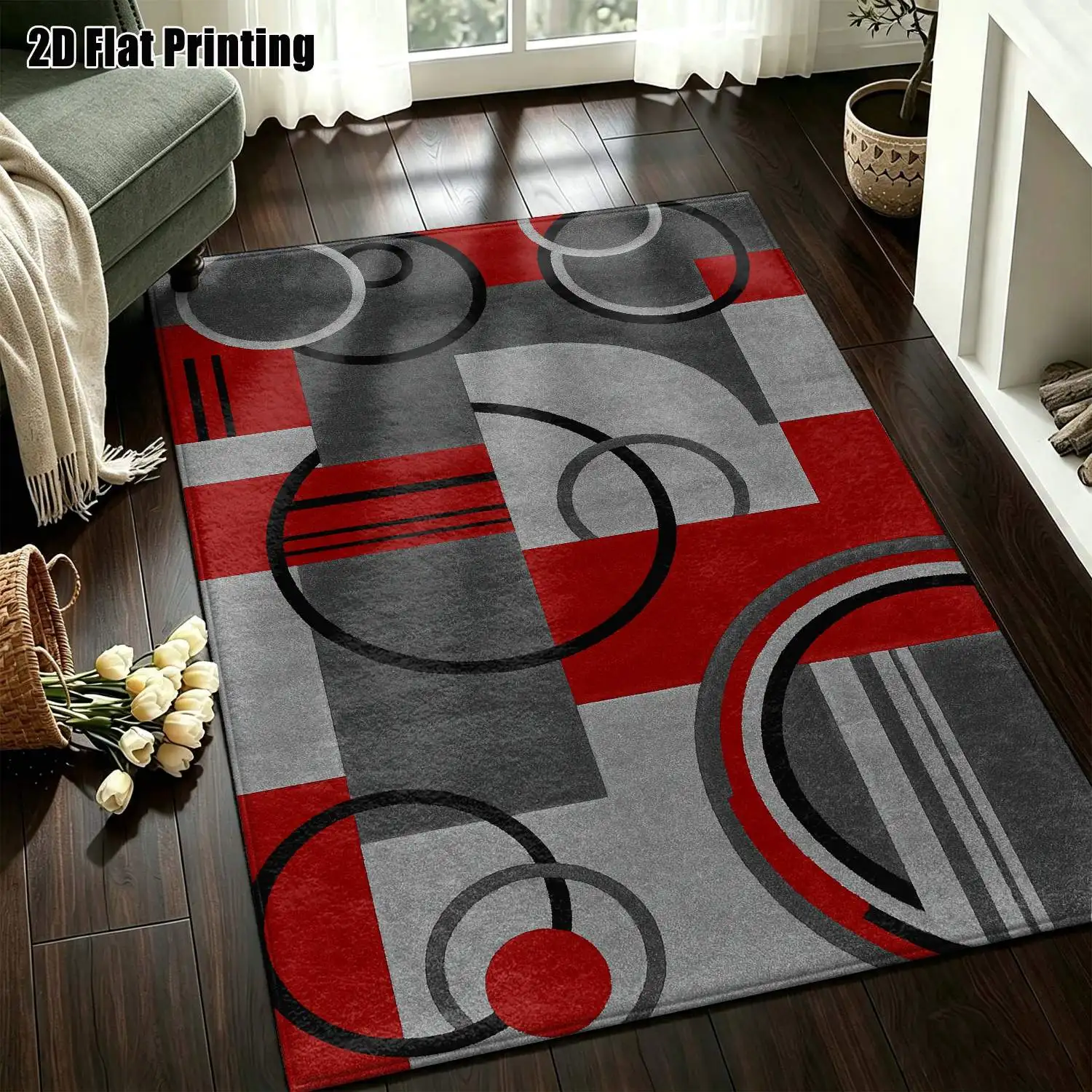 1Pc 2D Printed Carpet: Red & Gray Geometric Abstract Patterns, Modern Minimalist/Nordic/Instagram/European Style, Machine Washable, Multiple Sizes, Ideal for Living Room, Bedroom, Dining Room, Entryway, Study Home Decor
