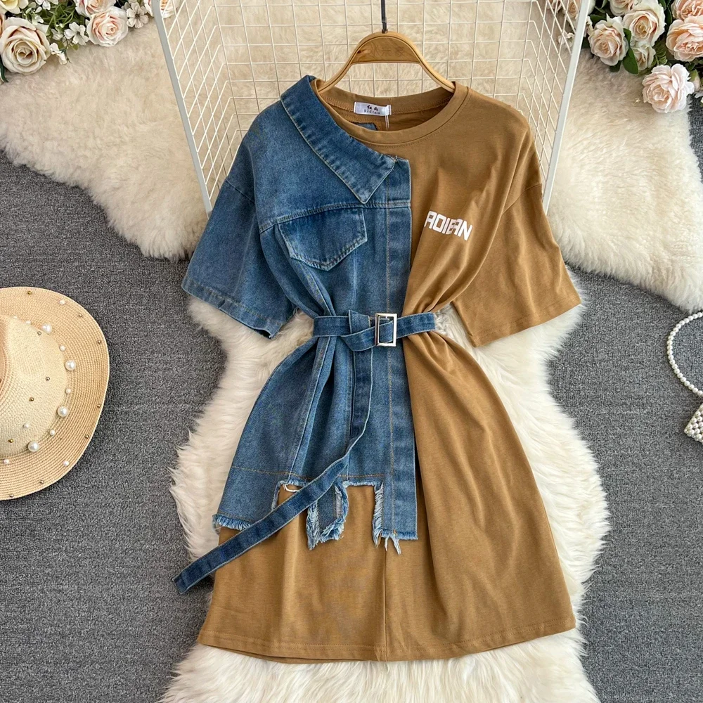 Sexy Short Sleeve O Neck Cowboy Patchwork Chic Denim Spliced Dresses Birthday Party Fashion Women Clothing Sweet Clothing