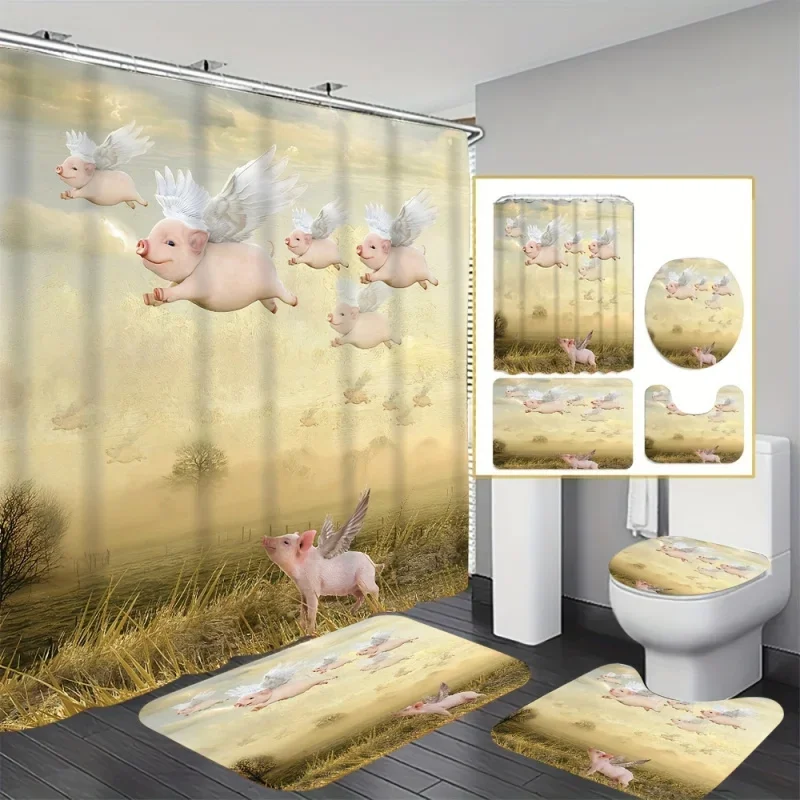Flying Pig Print Creative Shower Curtain Set - Waterproof Polyester Bath Decor Includes Anti-Slip Rug, Toilet Lid Cover, Bath Ma
